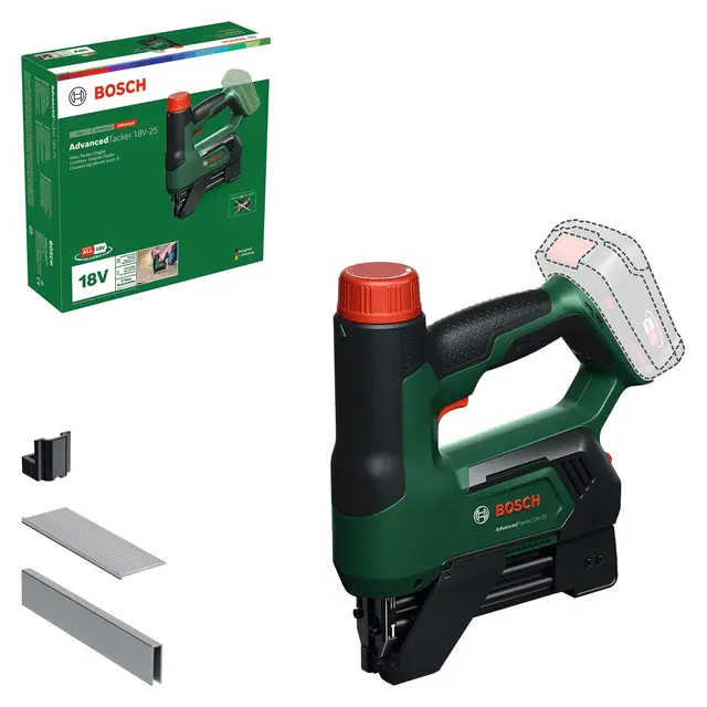 Bosch 18V System Akku-Tacker/Nagler AdvancedTacker 18V-25 (Leistungsstarkes 2-in-1-Klammern und Nageln; inkl. Klammern, Nägeln, Abstandshalter, Drahtführungskappe)