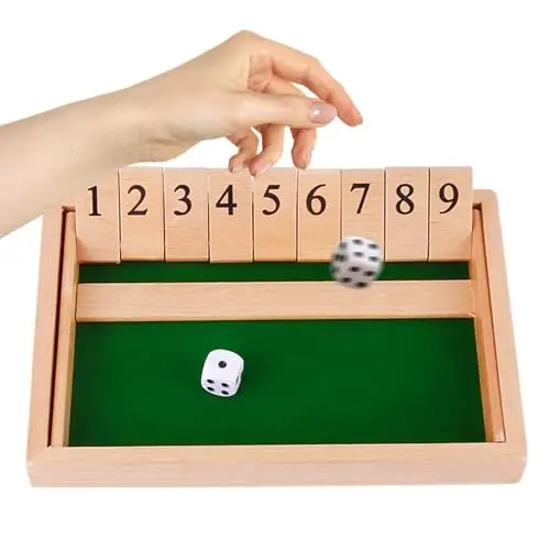 Shut the Box Würfelspiel aus Holz für 1-2 Spieler, Klassisches Klappbrett Spiel mit 2 Würfel,Pädagogisches Lernspiel Mathe für Kinder Erwachsene,Gesellschaftsspiel für Kneipe Reise Klassenzimmer Haus