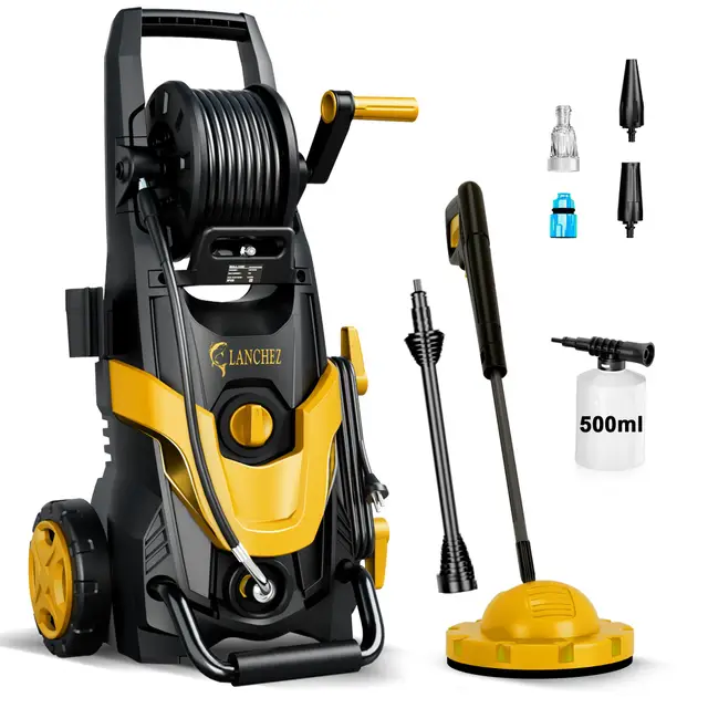 LANCHEZ Hochdruckreiniger, max Druck 180 bar, 480 l/h Fördermenge, 7-in-1-Zubehör Kit, 500ml Schaumsprüher | Schnellkupplungen | Schnellanschlussdüsen | Terrassenbürste für Terrasse, Auto, Gelb