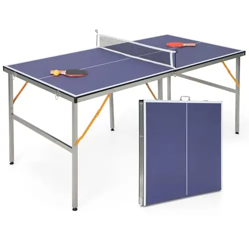 COSTWAY Mini Tischtennisplatte klappbar, Tischtennistisch wetterfest, Ping Pong Tisch mit Netz, 2 Schlägern & Bällen, vormontierter Freizeitstisch für Indoor & Outdoor