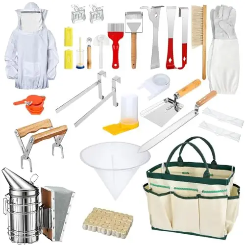 Imker Zubehör, Imkereizubehör, 30-teiliges Imkerei Starter Set, Imkereibedarf mit Organizer-Tasche, J-Haken, Rahmengriff, Starter-Set für Anfänger und Professionelle Imker