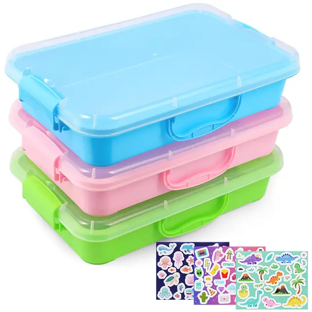 FIIOEOY 3 Stück Sandkasten mit Deckel & Aufklebern für Kinder, Sensorik Wanne Box Sandtablett Sensory Bin Kunststoff-Tablett Aufbewahrungsbox für Spielzeug, Sand und mehr (Blau, Grün, Rosa)