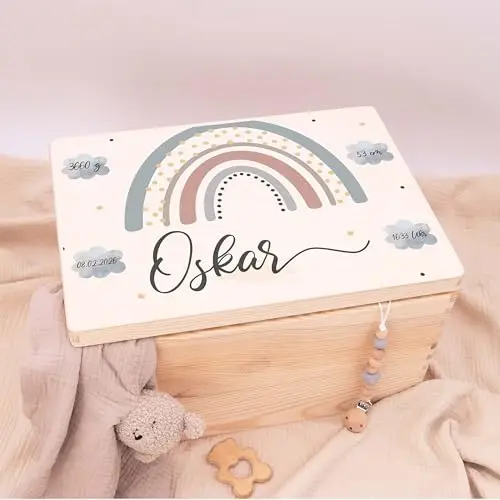 KIDSMOOD - Erinnerungsbox Baby, personalisierte Holzkiste mit Deckel, Ideal zur Aufbewahrung von Erinnerungen und als Geschenk zur Geburt, Taufe oder als Geburtstagsgeschenk für Mädchen und Jungen