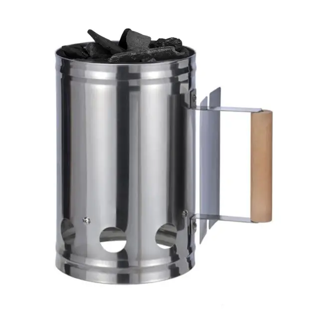 KS 100 - Anzündkamin aus Edelstahl für XXL Grills, Grillstarter | Kohlestarter mit stabilem Holzgriff, Hitzeschild, Schnelle Glut, Sicher und pflegeleicht