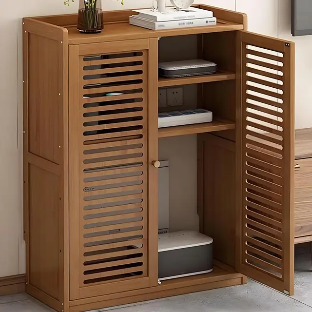 WiFi Router Aufbewahrungsbox, Stehender Medienschrank mit Verstellbaren Regalen, Lamellentüren, Kabelmanagement, für Modem, Projektor, Klein Stellfläche(Brown,82 * 25cm/32.3 * 9.8in)