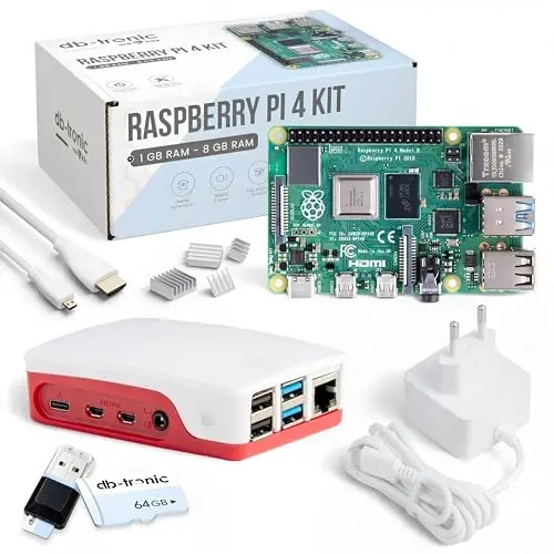 db-tronic Raspberry Pi 4 4GB Starter Set | 64GB Edition | Netzteil 15W | Gehäuse rot/weiß | Kühlkörper Set | 4K Micro HDMI Kabel | Ideal für Smart Home, Retro Gaming & Home Assistant