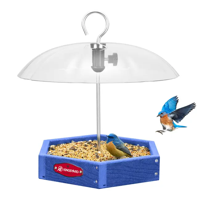 Kingsyard Vogelfutterhaus zum Aufhängen für Wildvögel, Große Futterstation mit Verstellbarem Dach als Regenschutz, Metallgitter-Plattform, Recycelter Kunststoff, Garten Deko,Blau