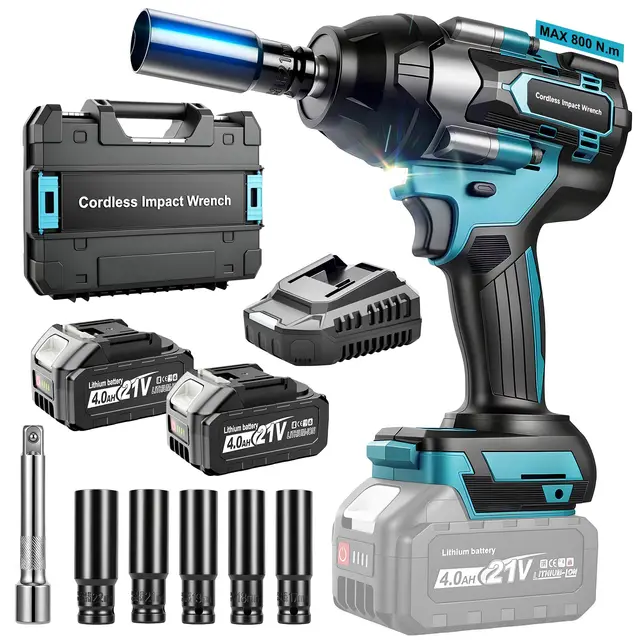 YEARTOP Akku Schlagschrauber 1/2 Zoll Bürstenlos Max. 1000Nm Lösemoment, Kompatibel mit Makita 18V Akku, 4-Gang Drehmoment, 2x 4.0Ah Akkus, 5 Stecknüsse (17-22mm) & Verlängerung Für KFZ Reifenwechsel