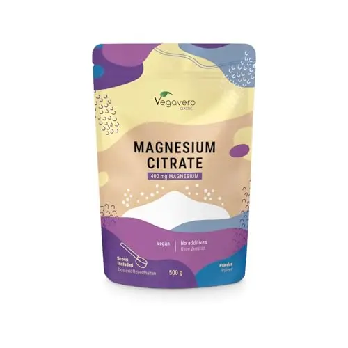 Vegavero Magnesiumcitrat Pulver 500 g - 400 mg elementares Magnesium hochdosiert pro Portion - 100 Portionen Magnesium Citrate Pulver mit Messlöffel - vegan ohne Zusätze