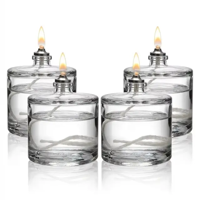 Öllampe 4er Set | Leere Nachfüllbare Öllampen aus Glas 60 ml – Geruchlose Petroleumlampe | Stilvoller Glaskerzenhalter für Wohnraum, Garten & Haushalt | Dekorative Öllampe Docht für drinnen & Home