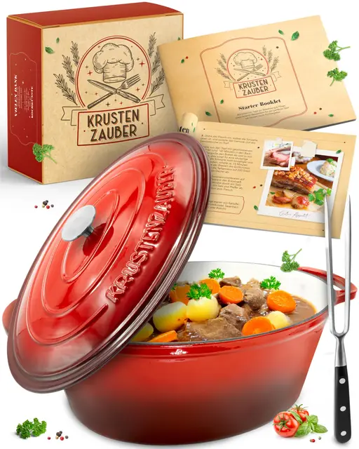 KRUSTENZAUBER 33cm Gusseisen Bräter mit Deckel backofengeeignet inkl. Fleischgabel - 6l Emaille Gusseisen Topf XL - Idealer Schmortopf Kazan, Bräter Induktion Oval, Geschenk Weihnachten
