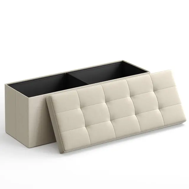 SONGMICS Sitzhocker mit Stauraum, klappbare Sitzbank, 38 x 110 x 38 cm Fußbank, Aufbewahrungsbox, bis 300 kg belastbar, für Wohnzimmer Schlafzimmer Flur, cremeweiß LSF77BE