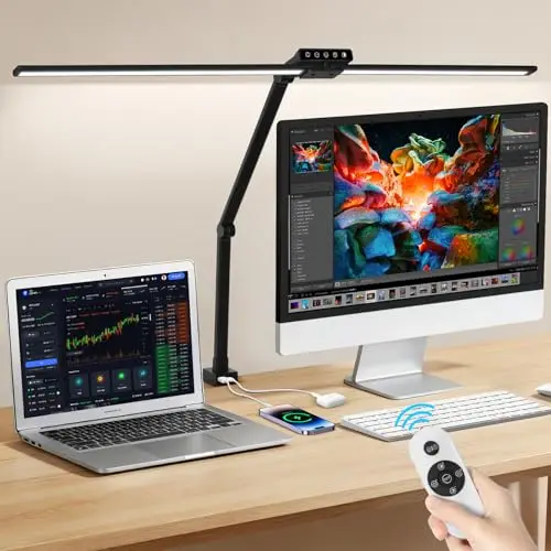 OUTON LED Schreibtischlampe Doppelkopf, Schwenkbarer Gelenkarm, USB-A & USB-C, Fernbedienung, 5 Farbtemperaturen, Stufenlos Dimmbar, Timer & Memory, Monitorlampe Büro & Homeoffice, Schwarz
