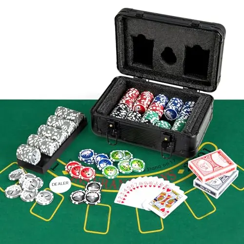 DREAMADE Pokerkoffer mit 300 Pokerchips & Spielmatte & Dealer-Button & 2 Kartendecks, Komplett Poker Set, Pokerset Profi Texas Hold'em (300 Chips)
