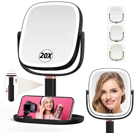 Mocado Kosmetikspiegel mit Beleuchtung, 1X/20X Vergrößerungsspiegel mit Licht, Wiederaufladbar 360 Grad Spiegel mit Höhenverstellung, 3 Farben Beleuchtung & Touchscreen, 21.4cm(Schwarz)