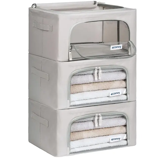 4CONVY Kleideraufbewahrung Kleiderschrank Box mit Reißverschluss Metallrahmen - große faltbare stapelbare Aufbewahrungsbox -3x24L Aufbewahrungstaschen - Kleiderbox für Bettdecke Kleidung Aufbewahrung