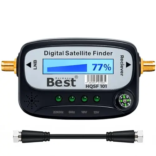 Digitaler Satelliten-Finder | Digitales Messgerät zur schnellen Satellitenausrichtung, inklusive LCD, Kompass & akustischer Tonausgabe | Ideal für Astra 19.2, Hotbird | inkl. F-Kabel und Anleitung