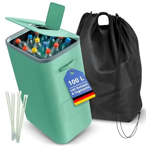 Pfandflaschen Sammelbehälter mit Deckel Faltbarer Pfandflaschenbehälter 100 L Volumen Leergutbehälter 42×34×75cm Herausnehmbarer Innensack Wasserabweisende Oberfläche Robuster Rahmen Türkis