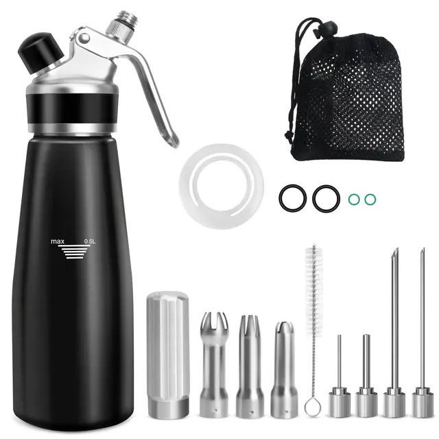 Sahnespender, Sahnesyphon 500ml Geschenk für Männer und Frauen, für Cremes und Desserts,mit 3 Edelstahl-Dekodüsen, 4 Injektor-Tipps und 1 Reinigungbürste,Aufbewahrungstasche+Ersatzgummiring