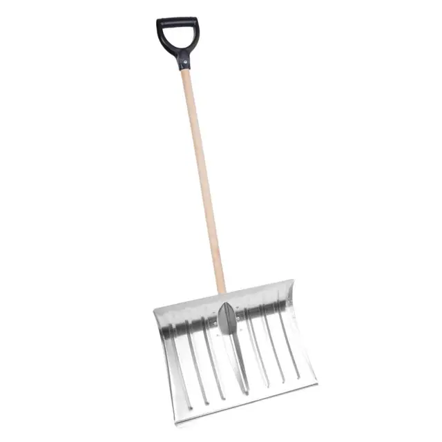 Aluminium Schneeschaufel 135 cm mit Holzstiel, D-Griff Robuste 1,5 mm Schneeschieber für Hof und Einfahrt, Rutschfester Griff mit Verstärkungen