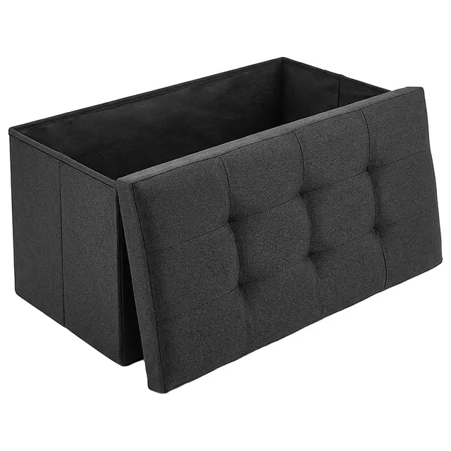 Sitzhocker mit Stauraum 76x38x38 cm – Faltbare Sitzbank mit Deckel, gepolsterte Aufbewahrungsbox in Leinenoptik, Sitztruhe für Wohnzimmer, Schlafzimmer (Schwarz)
