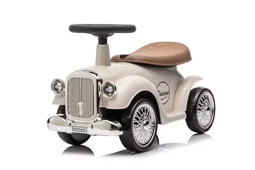 Baroni Toys Vintage Rutschfahrzeug für Kinder von 12 bis 36 Monaten, Retro Rutschauto mit Hupe, Staufach, Lenkstange und stabilen Rädern zum Laufenlernen, 25x59x35 cm (Weiß)