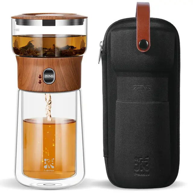ZENS Klein Solo Teekanne Glas für Losen Tee Zubereitung, One-Touch-Drücker-Teekanne für das Büro Teezubereitung, Teezubereiter mit 270ml Isolierter Tasse und Tragetasche für Geschenke