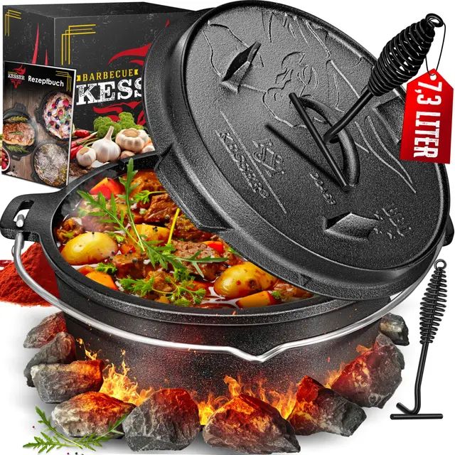 KESSER® Dutch Oven Set BBQ 7,3 Liter, Feuertopf Schmortopf mit Füßen, Gusseisen Topf mit Deckelheber Henkel und Schlitz für Themormeter, kochkessel Grilltopf Gulaschkessel für Oudoor & Indoor