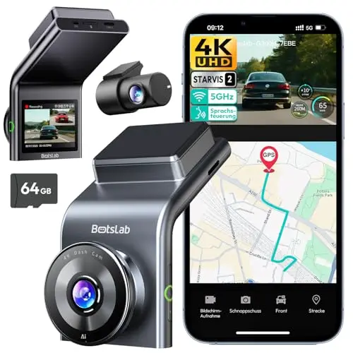 BOTSLAB 4K Dashcam Auto Vorne Hinten mit STARVIS 2 Sensor, WDR Dual-Kanal Dash Cam mit 64GB SD-Karte, Super Nachtsicht, Sprachsteuerung & 5,8GHz Wi-Fi, WLAN Autokamera, GPS, bis zu 256GB