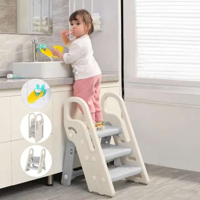 Tritthocker für Kinder, Trittleiter Klappbar mit 3 Stufen, Faltbarer Höhenverstellbar, Sicherer, Lernturm, Trittschemel, Tritt-Schemel Kinderschemel für Baby (Grau)