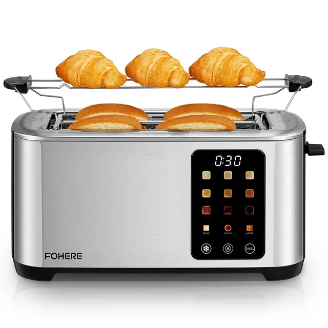 Toaster 4 Scheiben, 1400W Edelstahl Langschlitz Toaster, 9 Farbeinstellungen und 3 Brotsorten, Abbruch-/Auftau-/Aufwärmfunktion,Touchscreen Bedienung, mit Brötchenaufsatz