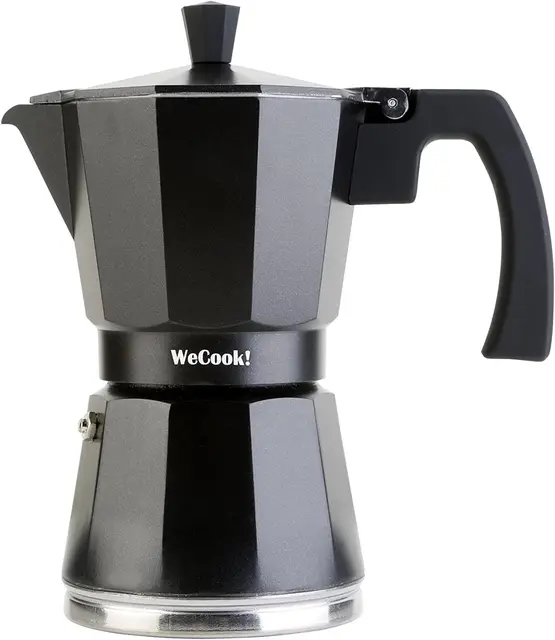 WECOOK! Luccia Espressomaschine Induktion, Espressokocher, Italienischen Kaffee, Moka-Kanne Kaffeebereiter Aluminium, 1-3 Tassen, Sockel aus Edelstahl, Sicherheitsventil, Vitrokeramik, Gas, Schwarz