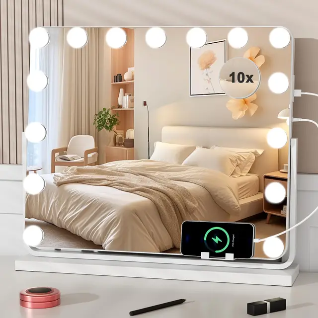Hollywood Schminkspiegel mit Beleuchtung 60x49cm, Kosmetikspiegel mit 15 LED, 360° Drehbarer Schminktisch Spiegel mit Licht, 3 Lichtfarben, Dimmbarer, mit USB und 10x Lupe-Weiß