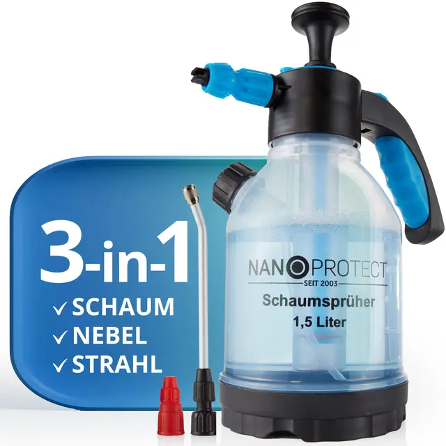Nanoprotect Premium Drucksprüher | 1,5 L - Schaumsprüher mit 3 Düsen inkl. Messbecher + Lanze | Säurebeständig | Laugenbeständig | Pumpsprüher | Handsprüher