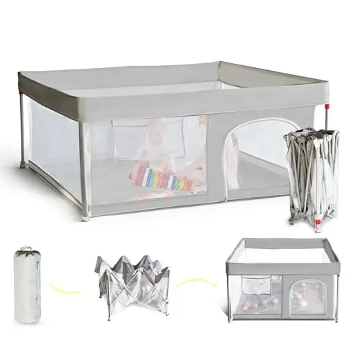 CHOLY 127 * 127 cm faltbarer Baby-Laufstall mit Matte, Laufstall für Babys und Kleinkinder, tragbarer Spielplatz mit Ozeanbällen, schnell aufbaubarer Kinderzaun mit Reisetasche (grau, 127 * 127 cm)