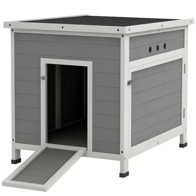 PawHut Entenstall Entenhaus aus Holz mit Asphaltdach, herausnehmbarem Boden, Seitentür, Geflügelstall mit Belüftungslöchern, wetterfest Gänsestall Hühnerhaus Hellgrau 63 x 82 x 76 cm