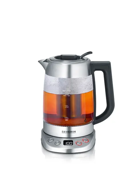 SEVERIN Glas Tee- & Wasserkocher Deluxe, Teekocher mit einstellbarer Temperatur & Ziehzeit, mit 5 Teeprogrammen & Warmhaltefunktion, max. 1,7 L Wasser, 3000 W, Edelstahl, WK 3480