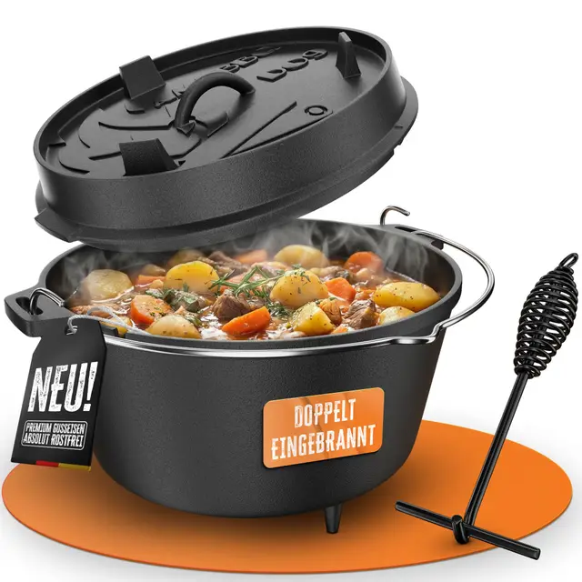 AMZBBQ® Premium Dutch Oven – Doppelt Eingebrannter Gusseisen Feuertopf – Rostbeständiger Schmortopf für Grill, Briketts, Lagerfeuer & Outdoor – inkl. Deckelheber – 9 Liter & Mit Füße