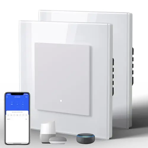BSEED Lichtschalter Glas Smart WiFi Wechselschalter Compatibel mit Google Home und Alexa Neutrale Leitung Benötigt, 1 Fach 2 Wege,86mm Weiß, 2 Pack