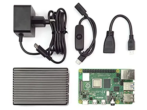 Raspberry Pi 4 Modell B 4GB RAM Komplettset mit Full Armor Aluminiumgehäuse Titanium grau, Micro HDMI Adapterkabel, USB-C Schalterkabel und offiziellem 5,1V 3A Netzteil EU