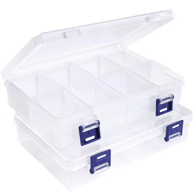 2 Stück Fächer Aufbewahrungsbox mit 8 Große Fächer, Plastik Aufbewahrungsbox Einstellbar Sortimentskasten Klar Sortierboxen für Schmuck Ohrringe Kleinteile