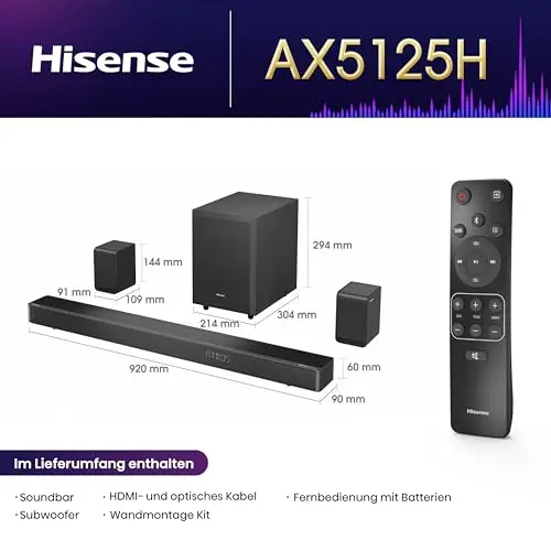 Hisense AX5125H 5.1.2 Soundbar mit kabellosem Subwoofer und Rücklautsprechern, 500W, Dolby Digital Plus, Dolby Atmos, Bluetooth, HDMI eARC/Optical/AUX/USB, Schwarz (2024)