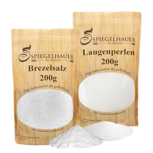 Bäckerei Spiegelhauer Set für Laugengebäck I Brezellauge und Brezelsalz I Laugenperlen 200g + Brezelsalz 200 g