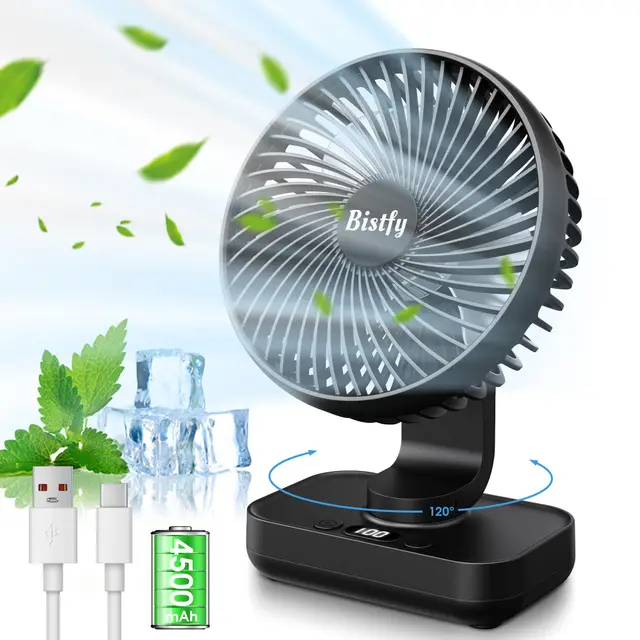 Tischventilator Oszillierend 4500mAh Leise&Starkem Luftstrom Akku Ventilator, 4 Geschwindigkeiten 2A Eingang Schnellladung Digitalanzeige 5.5'' Tragbar USB Ventilator für Büro Zuhause Freien