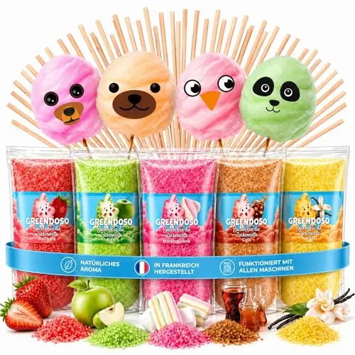 GREENDOSO® Zuckerwatte Zucker für Maschine – Erdbeere, Cola, Apfel, Marshmallow, Vanille (5x160 g) – Natürliche Aromen & Farbstoffe – 20 Stäbchen + 8 Essbare Oblaten-Gesichter