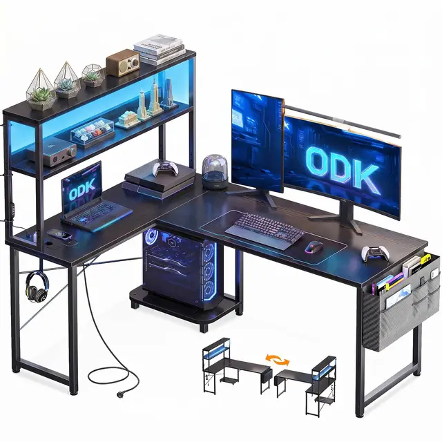 ODK Gaming Tisch L Form mit LED & Steckdosen, 135×100 cm