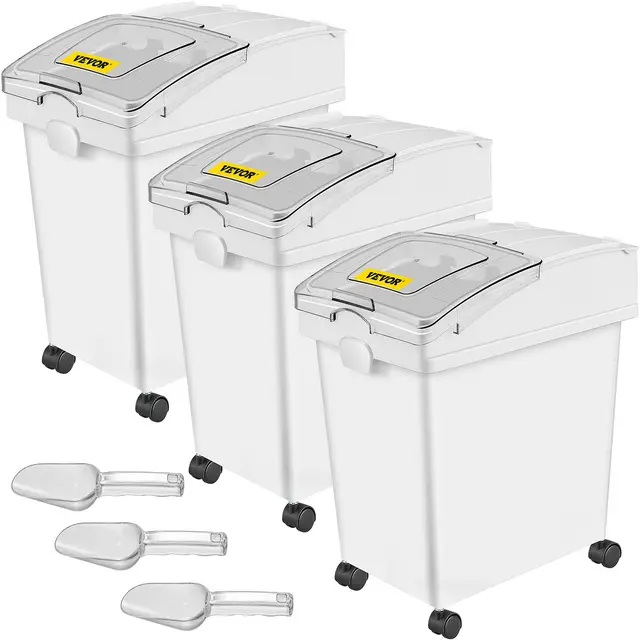 VEVOR Zutaten-Behälter, 18 Liter Fassungsvermögen, Polypropylen-Material, Mehlbehälter auf Rädern, weißes Regal, Zutatenbehälter mit Schaufel und Schiebedeckel, kommerzielle Aufbewahrungsbehälter, 3