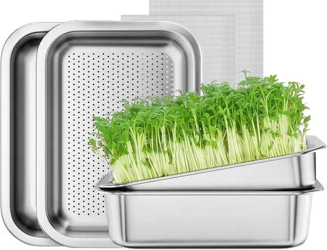 Magicbox 2er Set Edelstahl Sprossen Anzuchtset, 26 x 19 cm Keimschalen Set für Sprossen und Microgreens, 2-in-1 Anzuchtschale mit Doppelter Größe, Rostfreier Edelstahl, Spülmaschinenfest