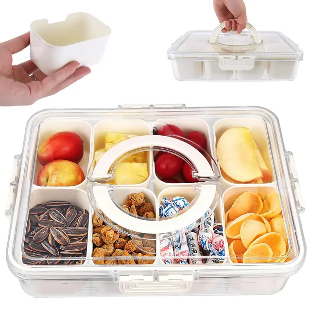 Snackbox mit Fächern Snackteller Snackschale mit Deckel Snack Aufbewahrungsbox mit Griff Rechteckig Schalen Platte für Veggie Früchte Gewürze Süßigkeiten Nüsse Keks Snacks Desserts Vorspeisentablett