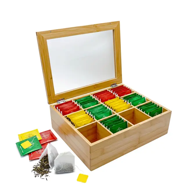 AH Teebox aus Bambus 12 Fächer Sichtfenster Magnetverschluss Natur